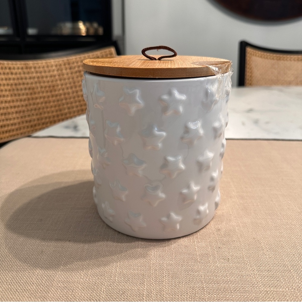 White Ceramic star canister with lid - fourth of July patriotic decor